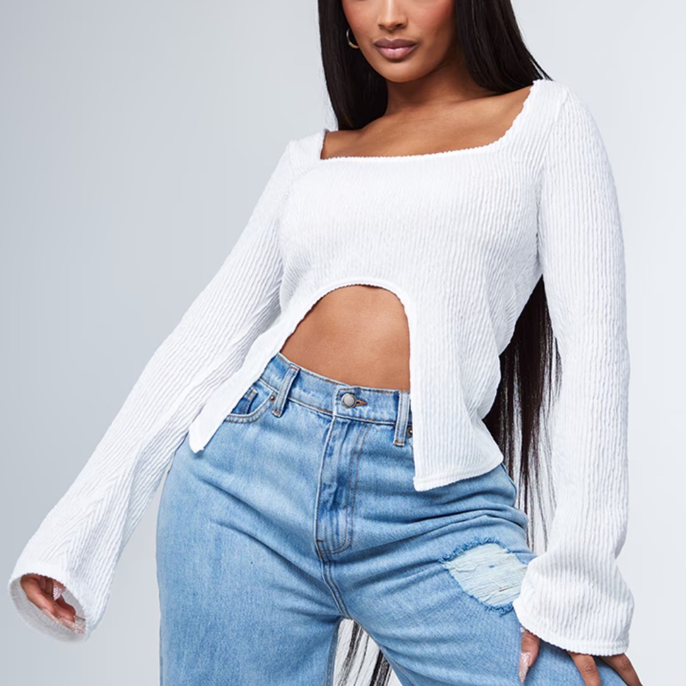 NWT PrettyLittleThing White Ribbed Square Neck Flare Sleeve Crop Top Size 14